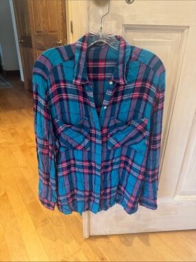 Express Turquoise and Magenta Plaid Button Shirt